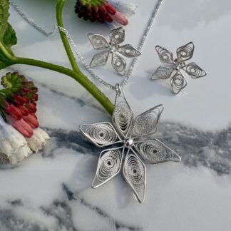 Sterling silver swish pendant and earring set in filigree style