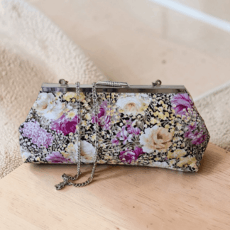 Pretty yellow, purple flowered clutch bag, wedding or evening use.