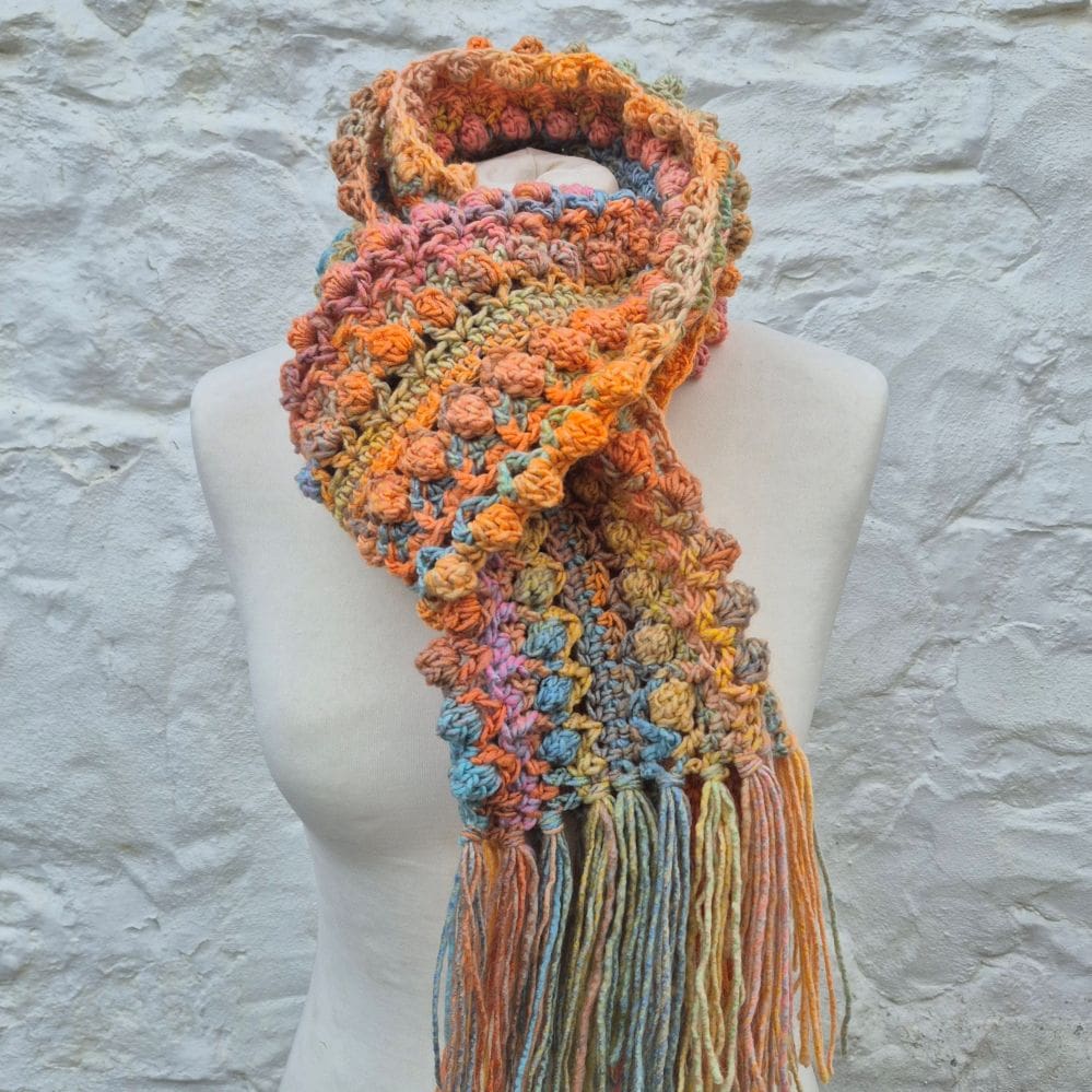 crocheted pastel scarf