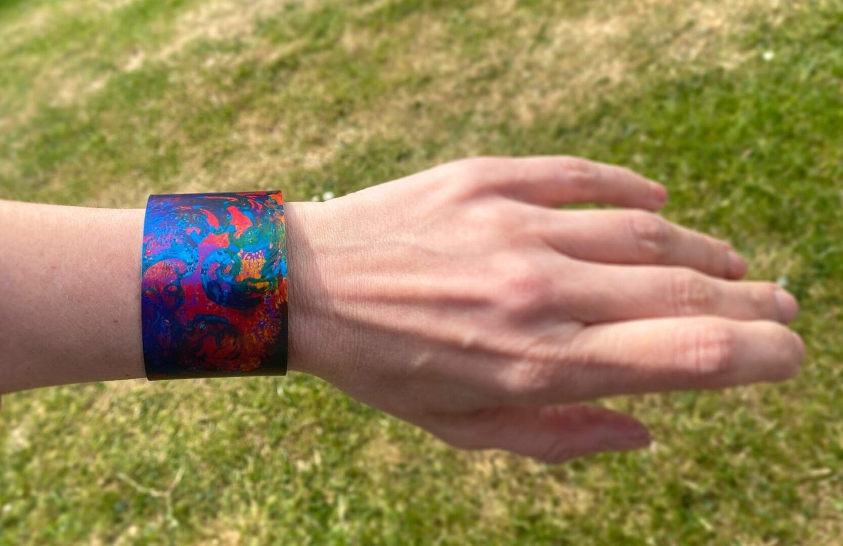 Sunset - handmade abstract wide anodised aluminium cuff bangle - Image 5