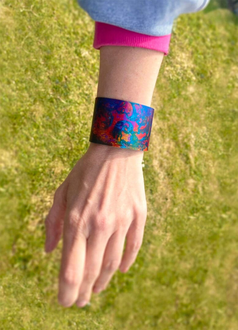 Sunset - handmade abstract wide anodised aluminium cuff bangle - Image 2