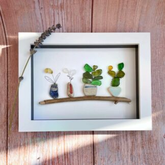 Seaglass Plant Art: Driftwood Shelf, Sea Pottery Vases