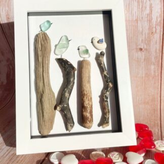 Seaglass Bird Art: Driftwood Perch, Coastal Frame (5x7 inch)