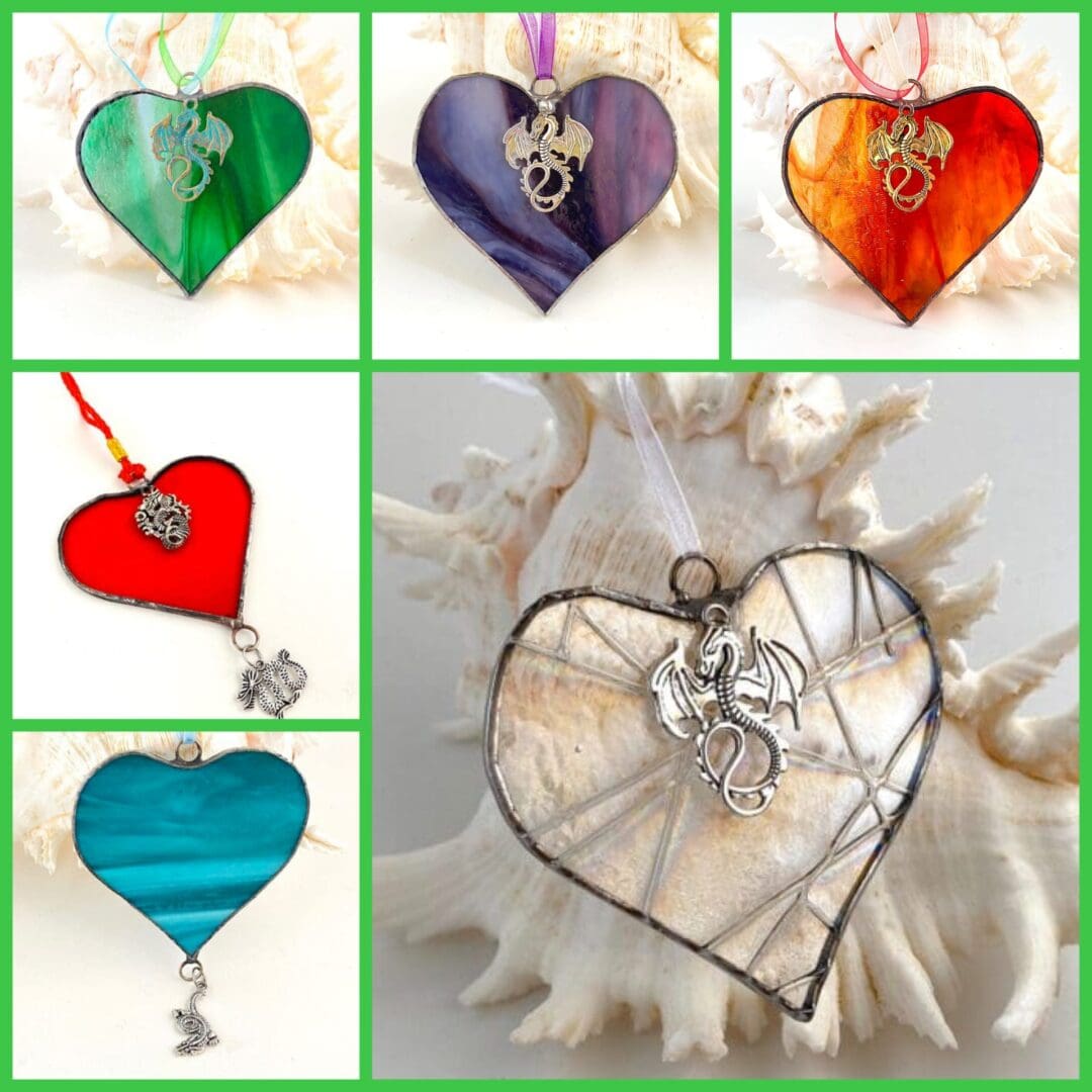 Stained glass dragon hearts in various colours