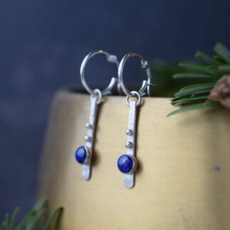 small silver hoop earrings with long drop adorned with lapis lazuli natural gemstone