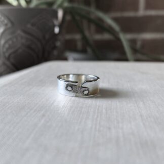 A wide silver ring with a riveted and hammered rough plate fixed over a crack on the band