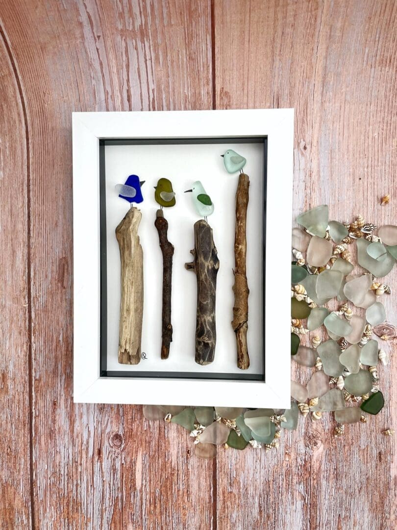 seaglass birds on driftwood sticks