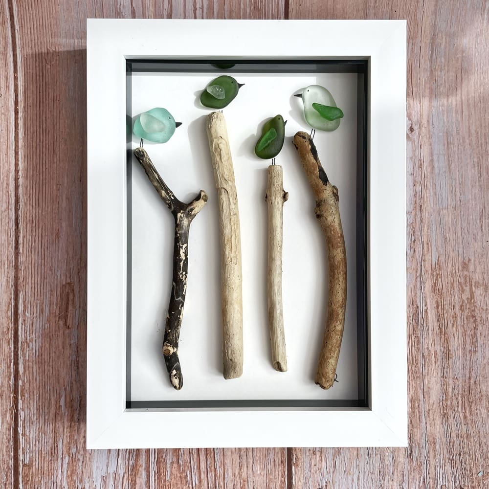 seaglass birds on driftwood sticks