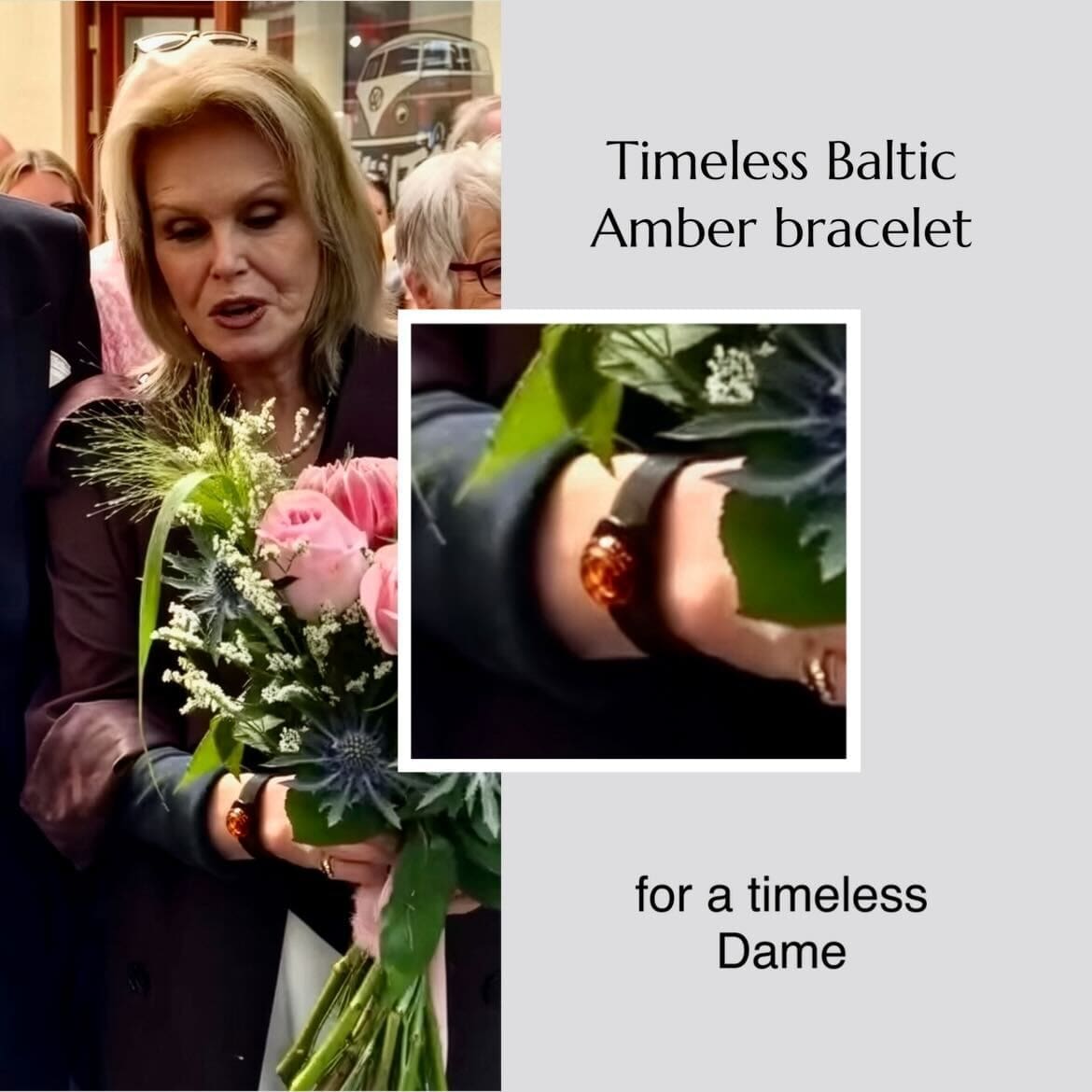 Dame Joanna Lumley wearing Natural Baltic Amber black leather bracelet made by Freak Like Me Bristol, at the opening of The House of Vintage as part of the Five Valleys Shopping Centre Stroud