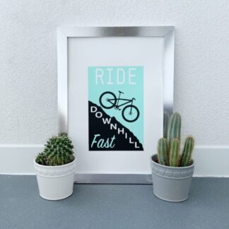 Ride Downhill Fast, 2-colour silk screen print. A3 in a silver frame