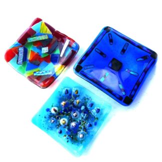 Fused glass art dishes square blue turquoise patchwork dichroic handmade
