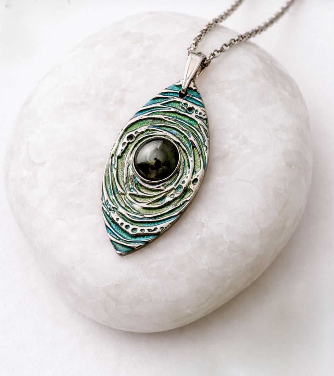 Hand Painted Silver Pendant Hematite Stone - Image 3