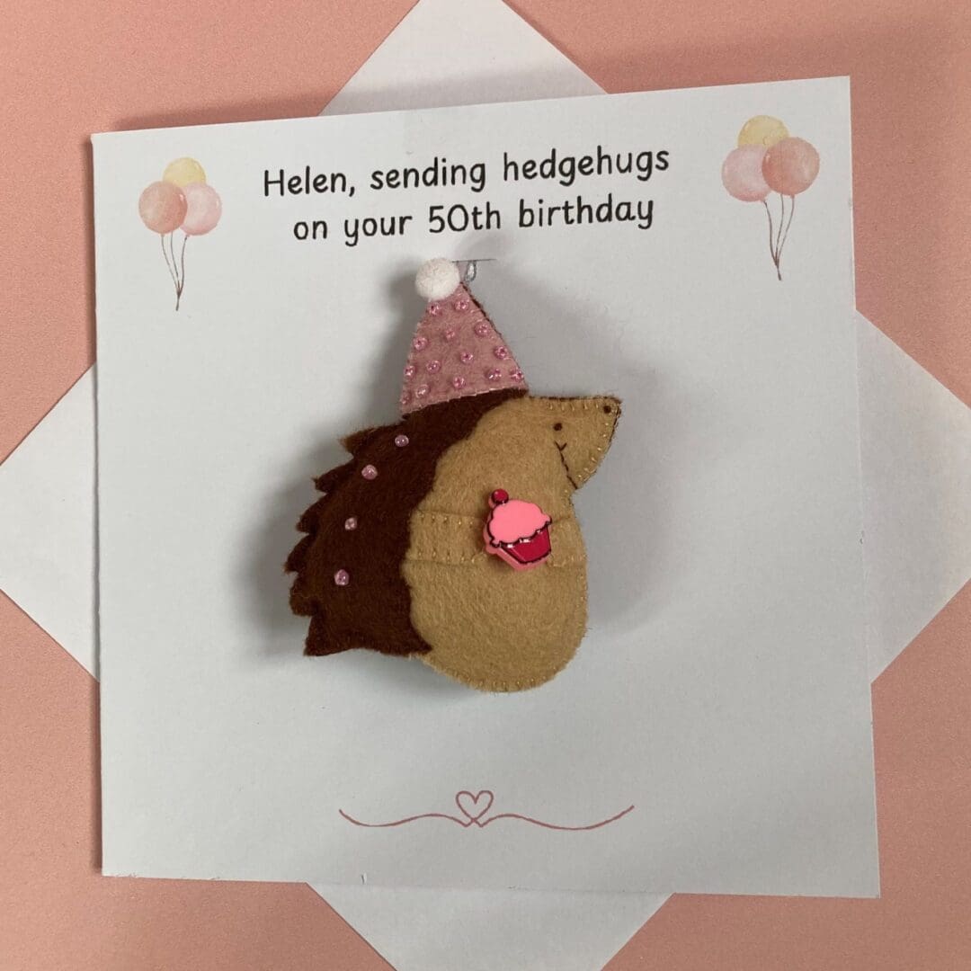 Personalised hedgehog birthday card with removable handmade felt hedgehog keepsake decoration