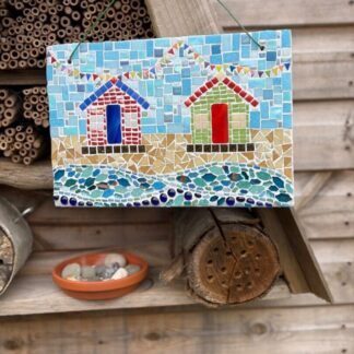 Colourful Coastal Charm - Beach Hut Mosaic for garden Display.