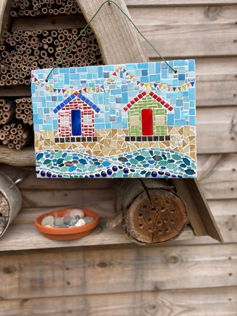 Colourful Coastal Charm - Beach Hut Mosaic for garden Display.