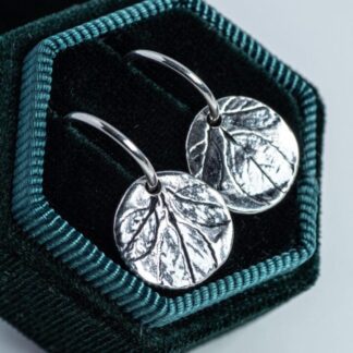 The Rose Garden |Sterling Silver Sleeper Hoop Earrings with Fine Silver Rose Leaf Print Charms | Botanical Jewellery
