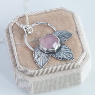 Lavender Rose |Sterling Silver pendant with Portrait cut Lavender Chalcedony and fine silver rose leaves