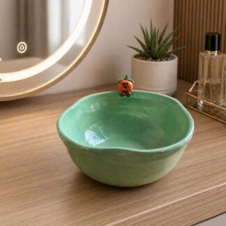 Handmade Ceramic Trinket Bowl with Smiley Orange Decor