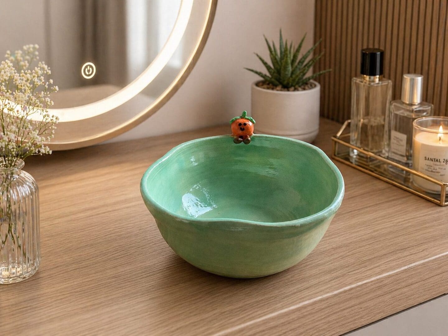 Handmade Ceramic Trinket Bowl with Smiley Orange Decor