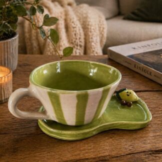 Handmade Ceramic Cup and Saucer with Smiley Lemon decor