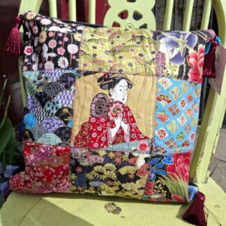 Handmade Japanese Geisha Cushion, Patchwork and Quilted with Silky Tassels