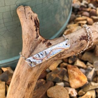 Organic textured silver bar necklace with copper wire