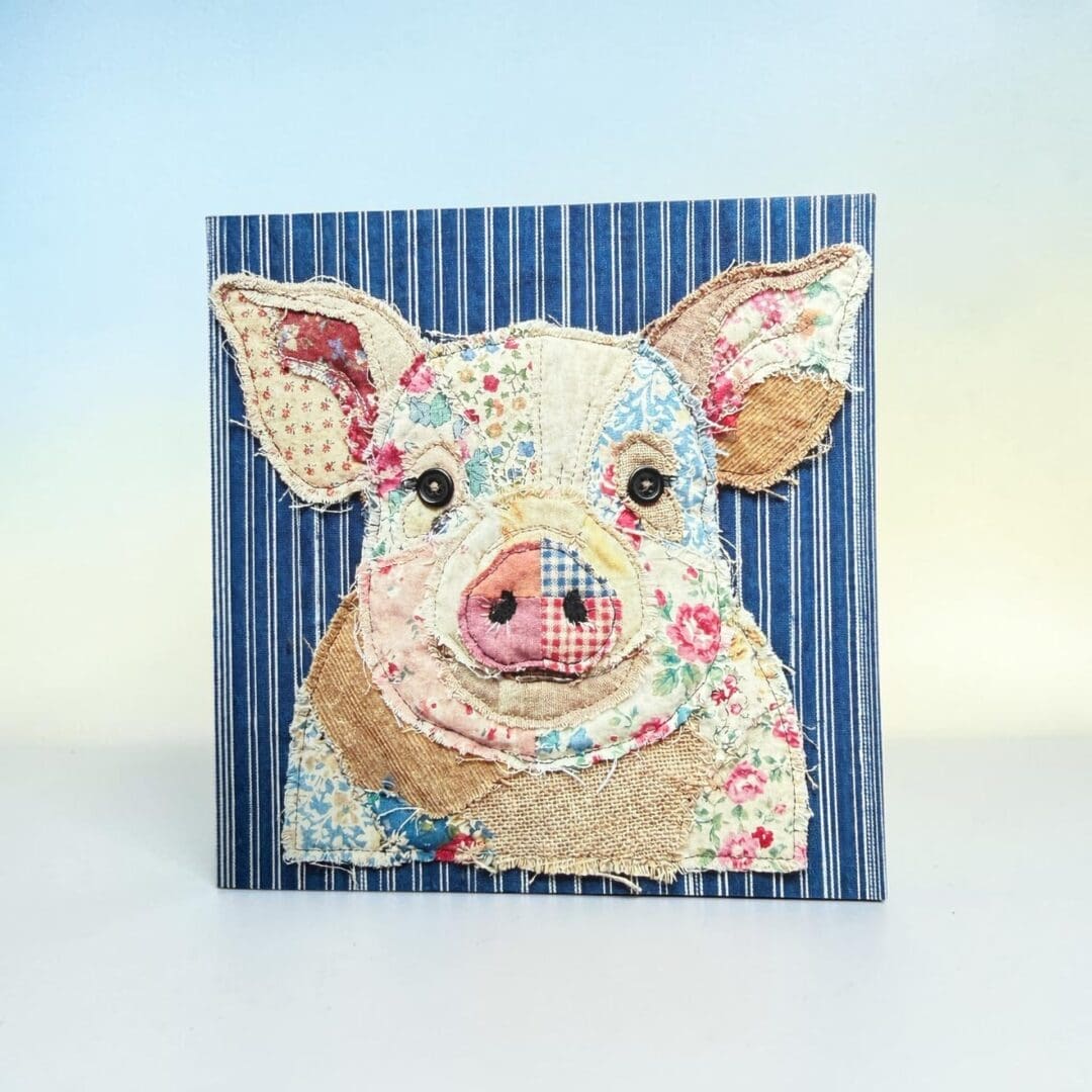Print of fabric collage pig greetings card by Dolly Buckle