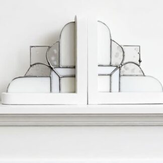 White and Crystal Iridescent Stained Glass Bookends