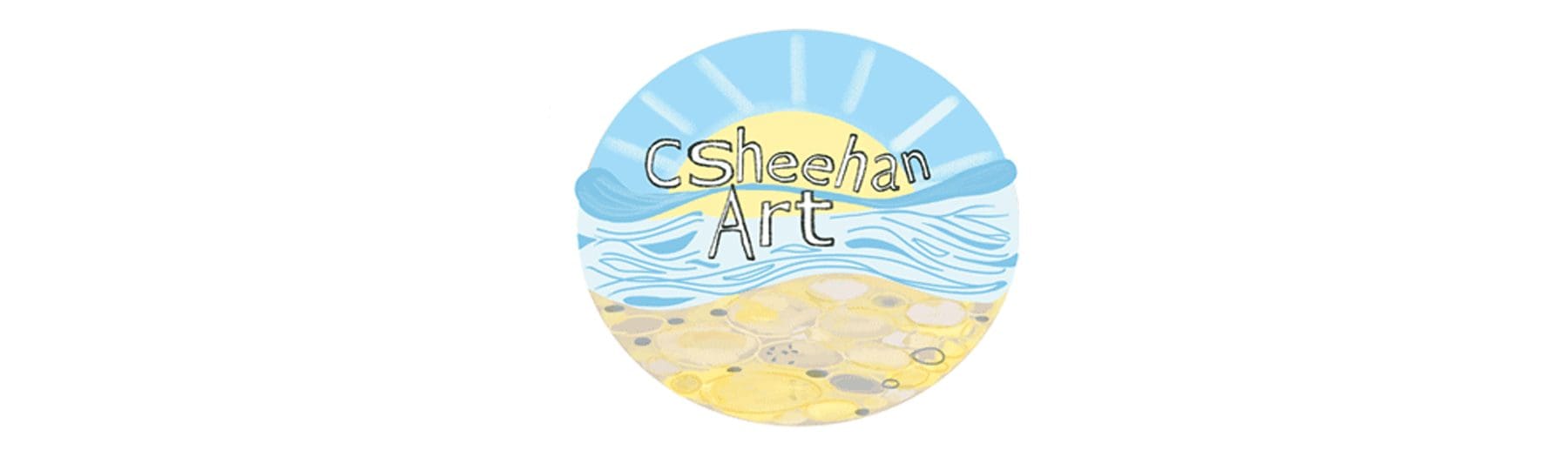 Logo for csheehanart white writing on a seaside themed round background