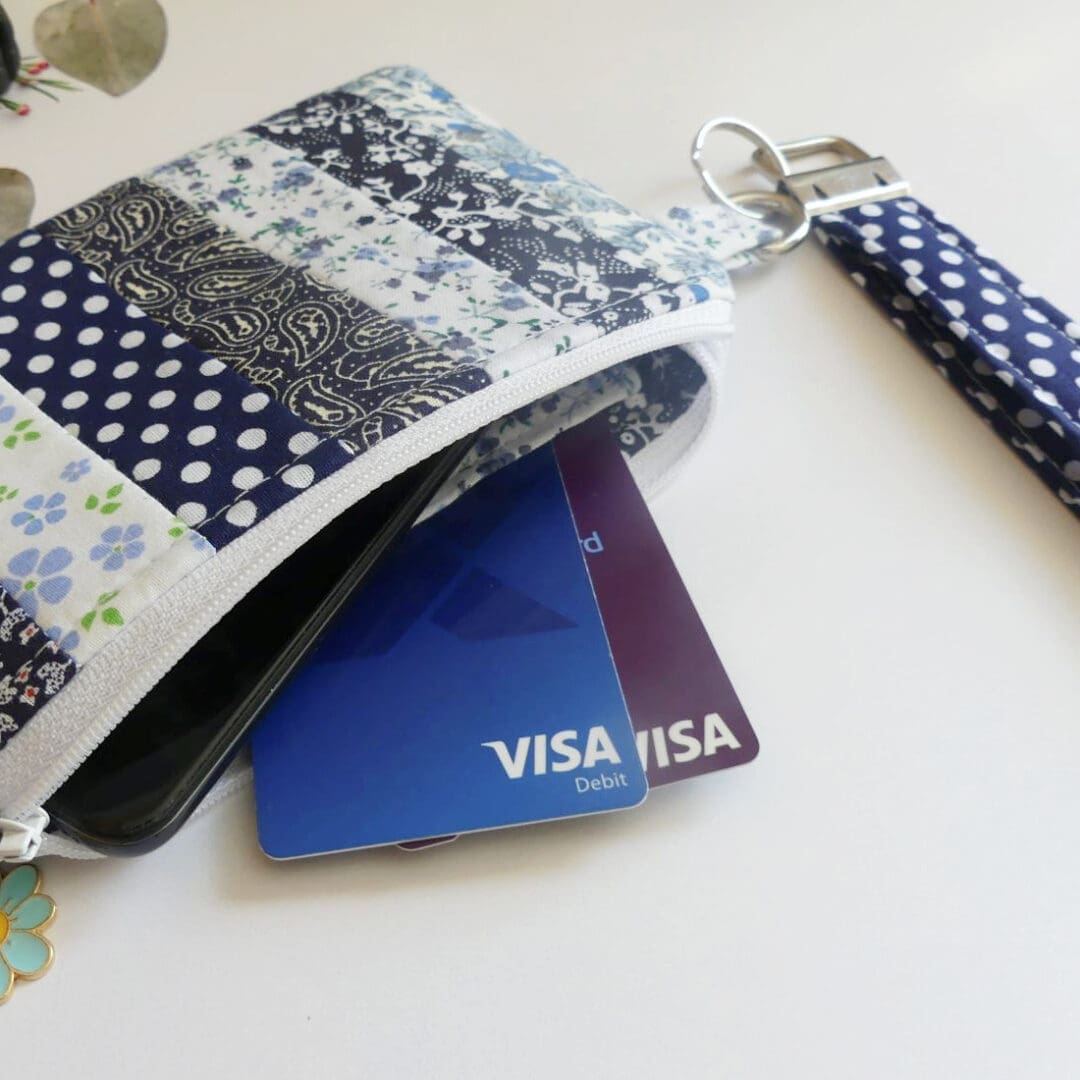 Blue and White Patchwork Zipped Pouch and Key Chain Strap - Image 3