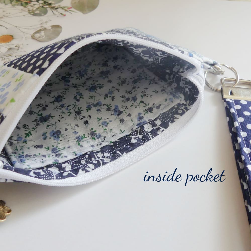 Blue and White Patchwork Zipped Pouch and Key Chain Strap - Image 2