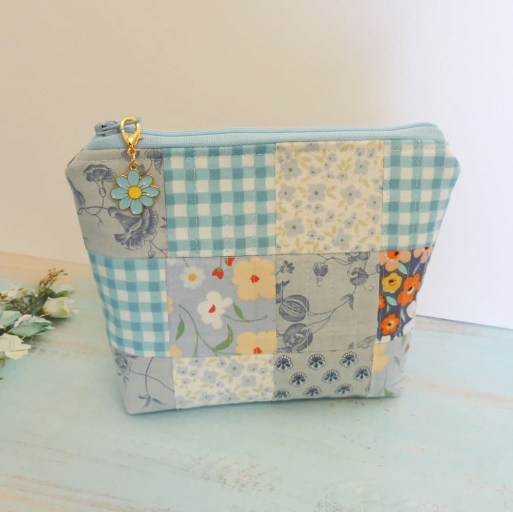 blue patchwork make up bag in cotton