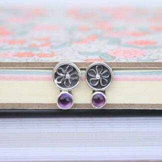 Handmade Silver Botanical Amethyst Stud Earrings