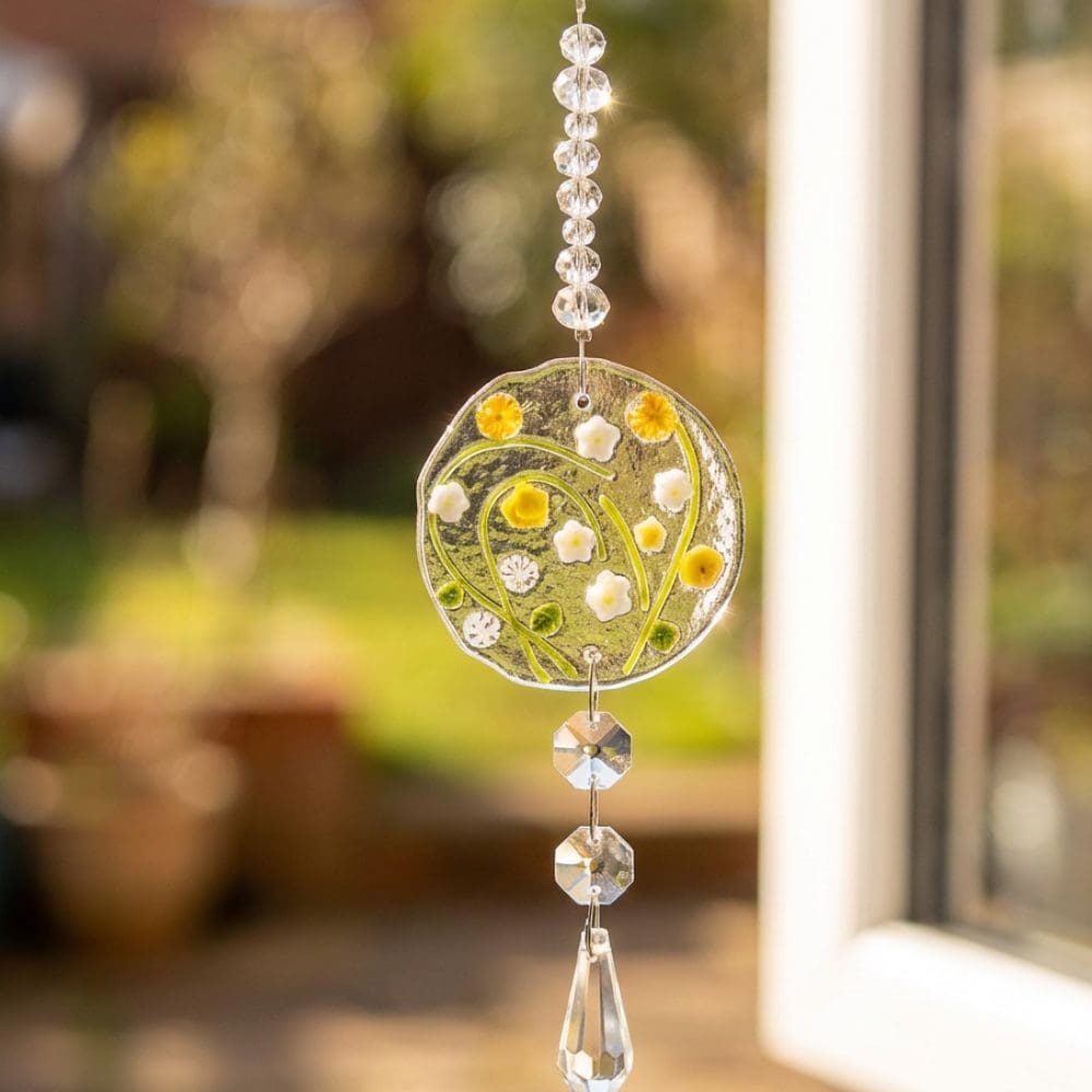Small 6cm fused glass suncatcher with wildflowers and 4cm crystal prism pendant