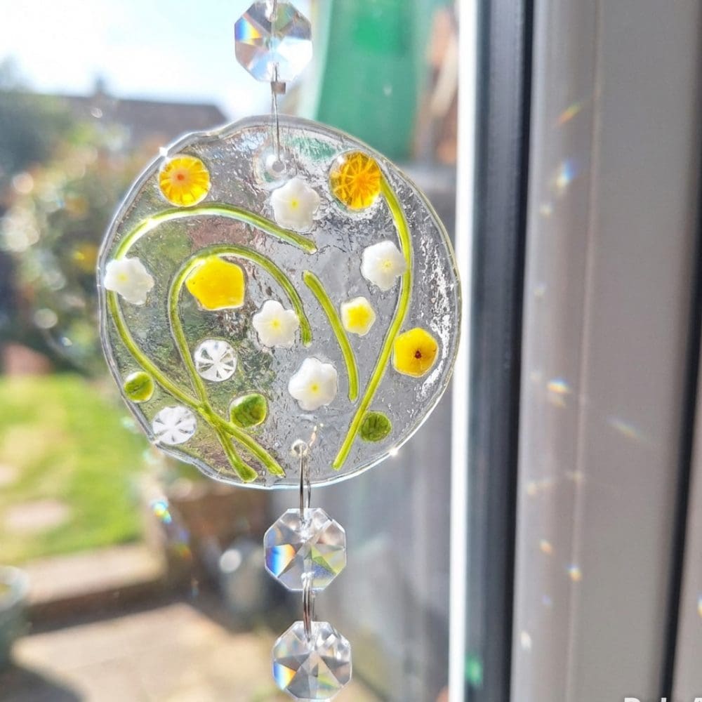 Spring meadow flower fused glass suncatcher with clear crystal prism creating rainbows