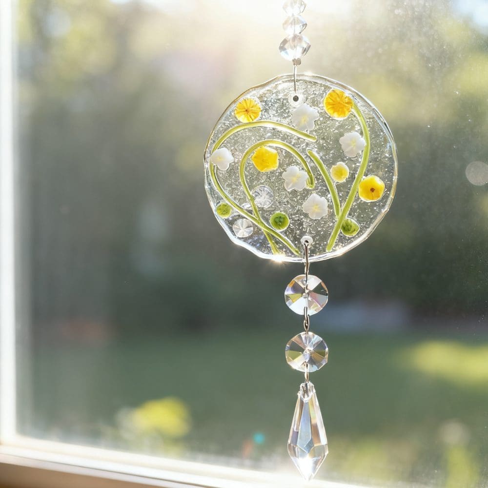 Handmade glass sun catcher with flowers and sparkling faceted crystal hanging below