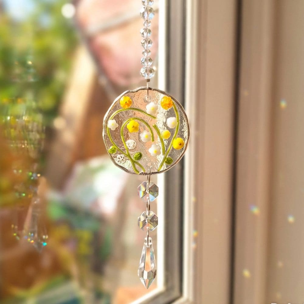 Close-up of round fused glass disc with wildflowers and delicate green stems