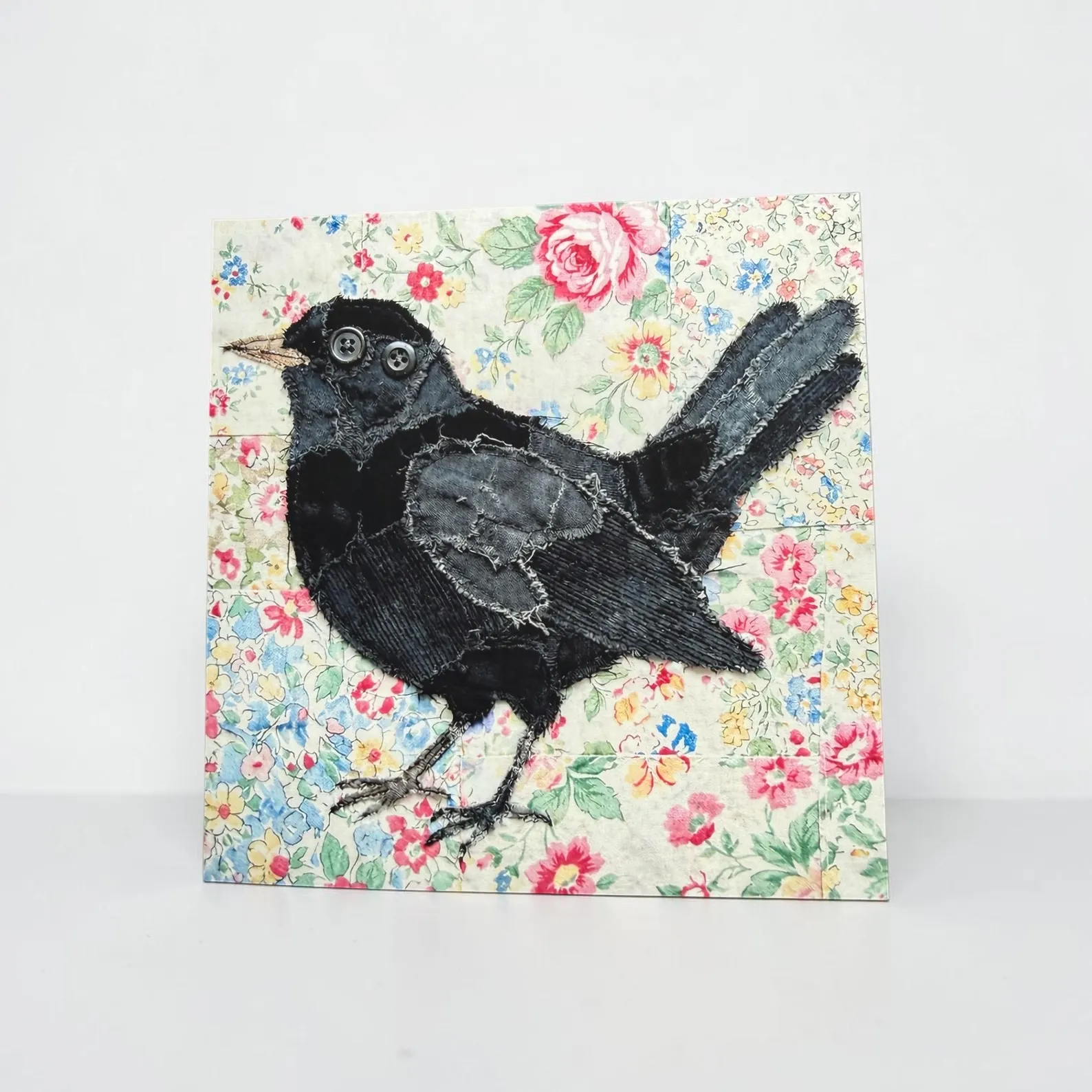 Print of fabric collage Blackbird greetings card by Dolly Buckle