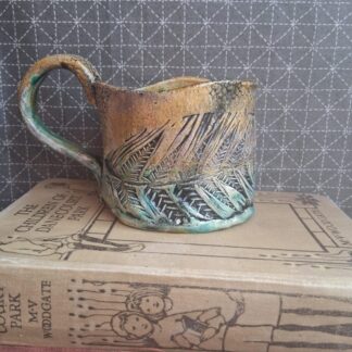 handmade Stoneware rustic coffee cup mug linocut fern in honey and blue