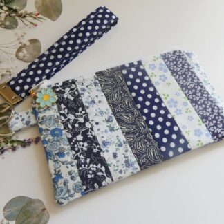 Blue and White Patchwork Zipped Pouch and Key Chain Strap