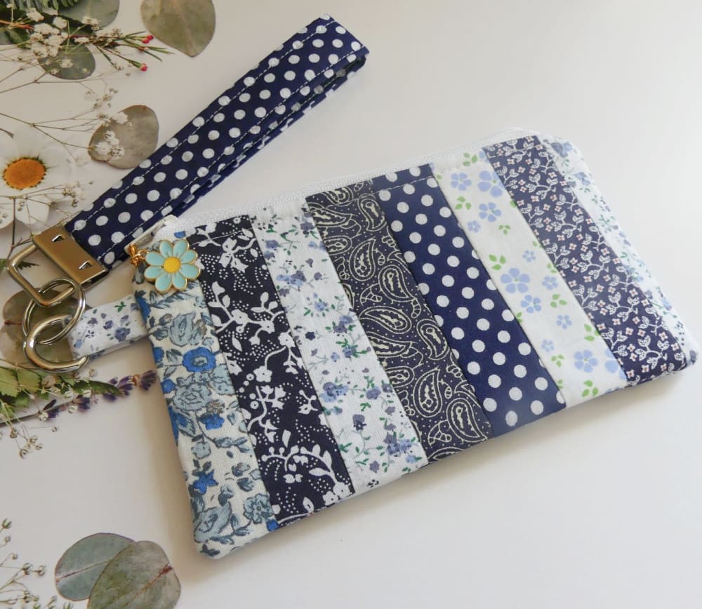 Blue and White Patchwork Zipped Pouch and Key Chain Strap