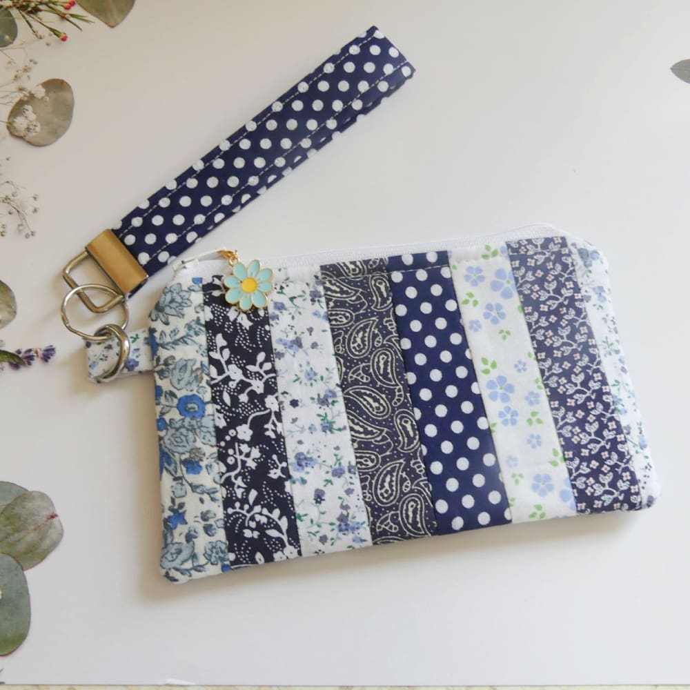 Blue and White Patchwork Zipped Pouch and Key Chain Strap - Image 7