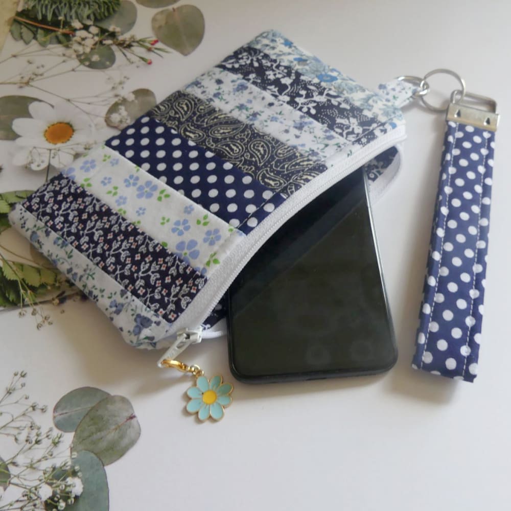 Blue and White Patchwork Zipped Pouch and Key Chain Strap - Image 8