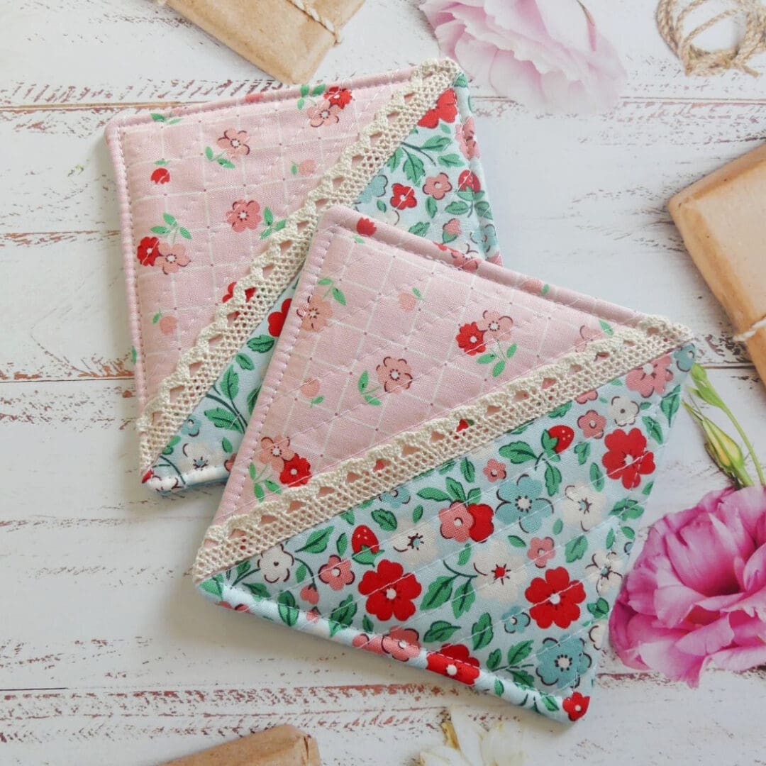 pink and blue cotton coasters hand crafted in england