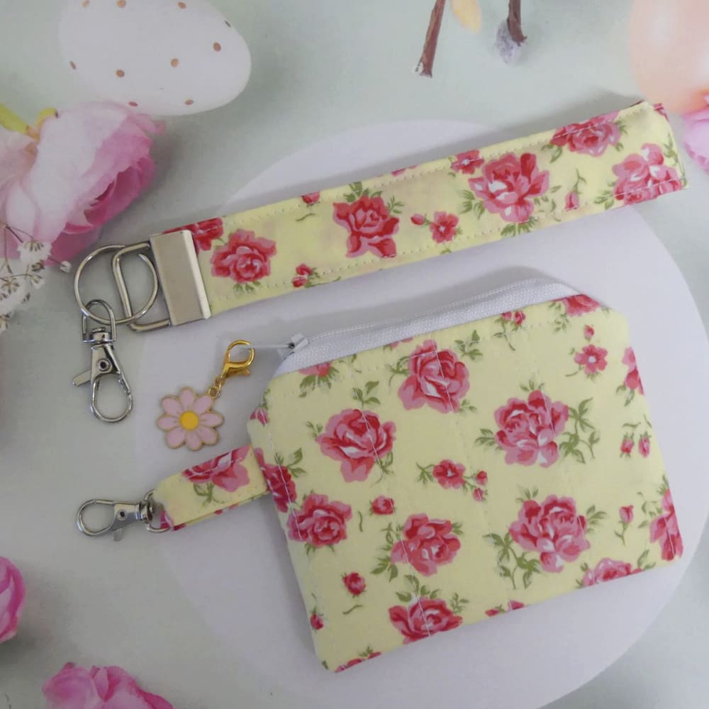 Pink and Yellow Roses Zipped Pouch and Wristlet Key Chain - Image 3
