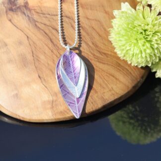 Pink Leaf Pendant Necklace – Anodised Aluminium & Sterling Silver, Handmade Nature Jewellery Gift for Her UK
