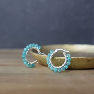 blue-green amazonite gemstone beaded silver hoop earrings