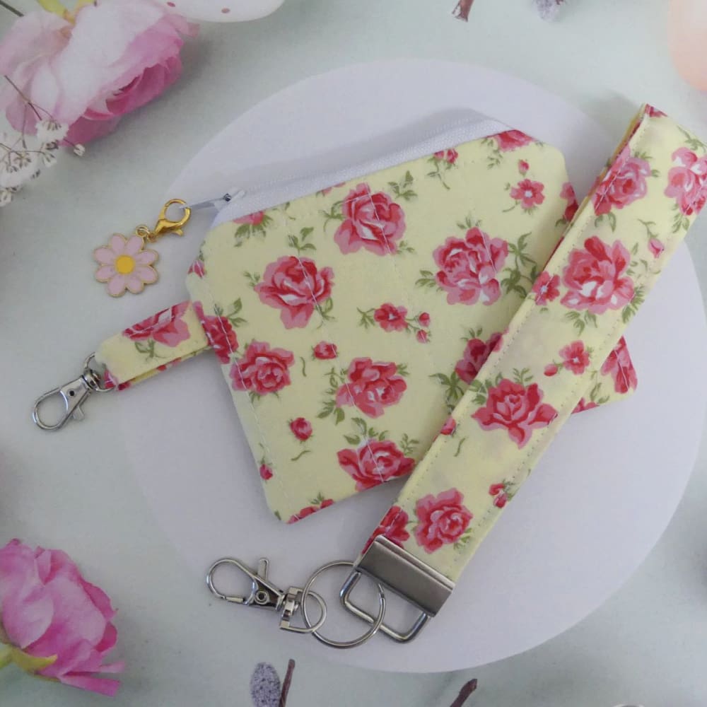 Pink and Yellow Roses Zipped Pouch and Wristlet Key Chain - Image 5