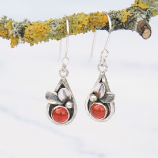 Silver leaf earrings with carnelian gemstones