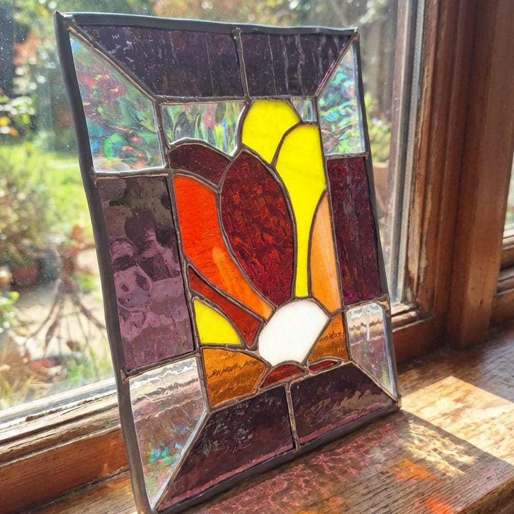 Handmade stained glass panel with red and yellow flower design